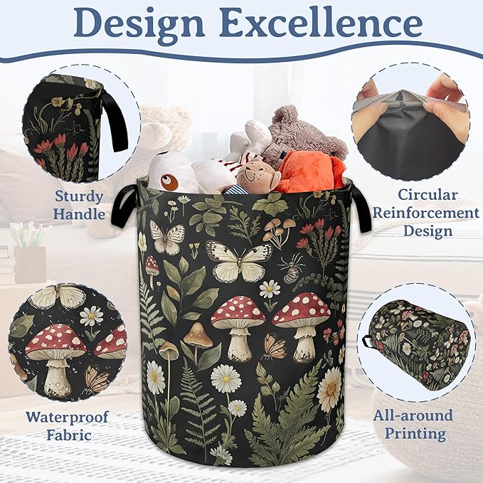 Red Mushroom Laundry Basket,Foldable Oxford Cloth Butterfly Plant Herb Laundry Hamper With Handle, 20.8"x16" Portable Clothes Storage Basket Bag for Laundry Room/Bathroom/Bedroom/Dormitories