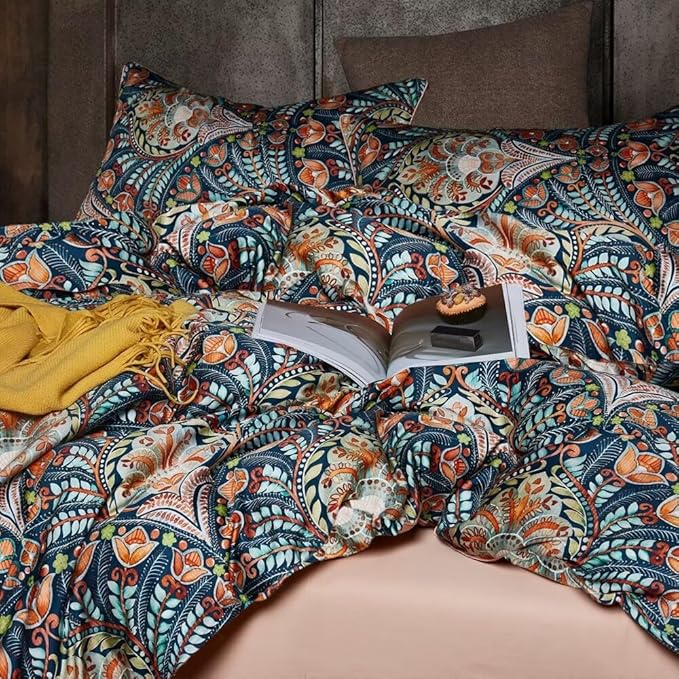 MKXI Blue Comforter Set Queen Pink Paisley Patterned Floral Bedding Comforter Set Boho Bed Quilt Summer Comforter 90"x 90"