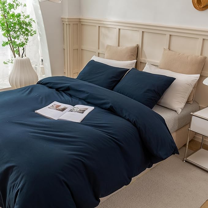 ECOCOTT Navy Blue Duvet Cover Twin Size - 100% Washed Cotton Durable Soft Comfy Duvet Cover Set, 3 Pieces Duvet Cover with Zipper Closure (Navy Blue, 68''x90'')