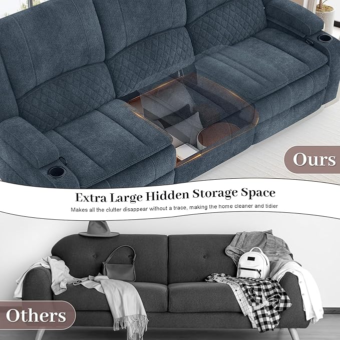 3-Seater Recliner Sofa, Manual Reclining Couch with Multi-Functional Middle Seat, Reclining Sofa for Living Room with Hidden Storage Space, Cup Holders, and Removable Console