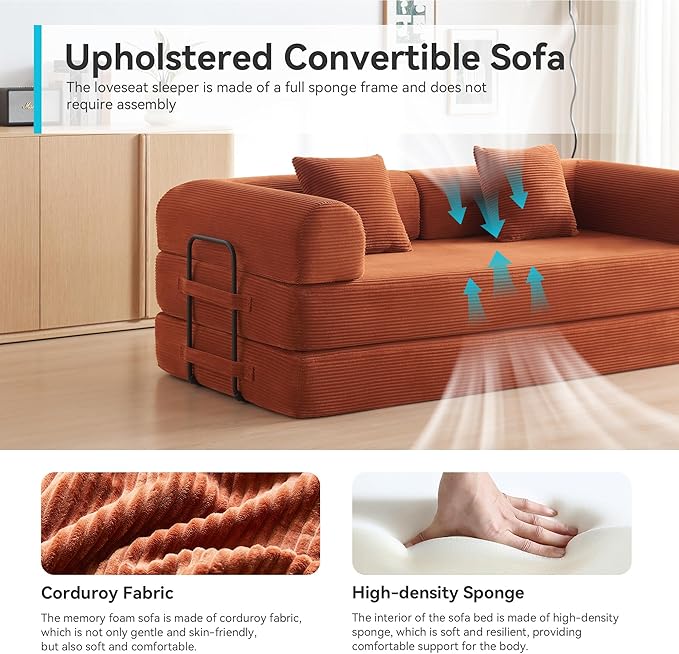 Convertible Sleeper Sofa with Cylindrical Pillow, Modern Corduroy Futon Bed, Modular Sofa with Pull-Out Bed, Love Seat Sleeper for Living Room, Small Space Apartment, Office (Orange)