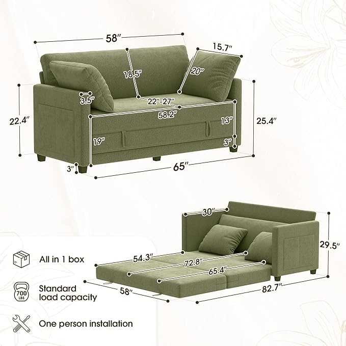 65" Convertible Loveseat Sofa Bed, 2 in1 Folding Sofa Bed, Loveseat Sleeper Sofa for Small Spaces, Fold Out Floor Couch with 2 Pillows for Apartment, Office & Guest Room (Green Chenille, 65 inch)