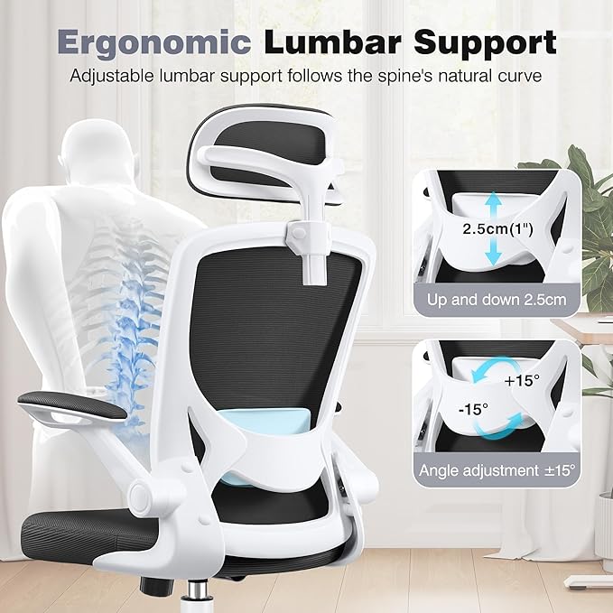 Home Office Desk Chairs, Ergonomic Office Chair with Lumbar Support, Headrest, Flip-up Armrests, Comfy Desk Computer Chair for Gaming, Work, White