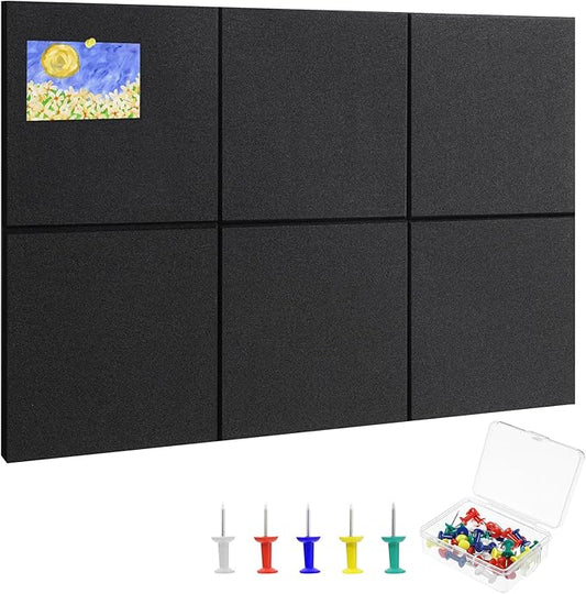 Large Cork Board 28" x 19", 6 Pack Felt Wall Tiles with Colored Pushpins, Bulletin Boards with Removable Self-Adhesive Strips, Pin Board Cork Boards for Walls Office Home-Black