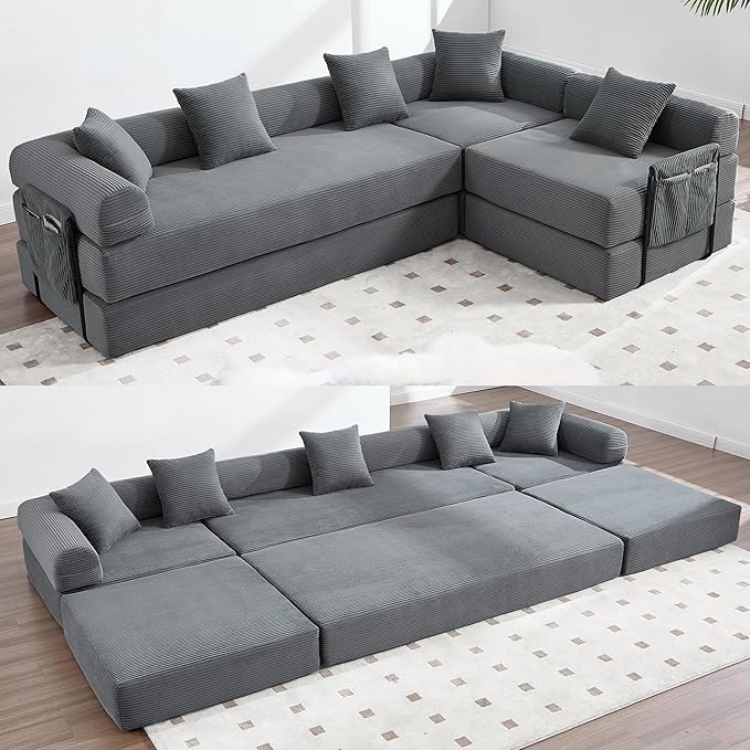 106" Oversized Convertible Sleeper Sofa Bed, Corduroy L Shape Sectional Couch, Folding Sofa Bed with Side Pocket, Modern Cloud Floor Mattress Couch, Modular Sofa for Living Room, Gray