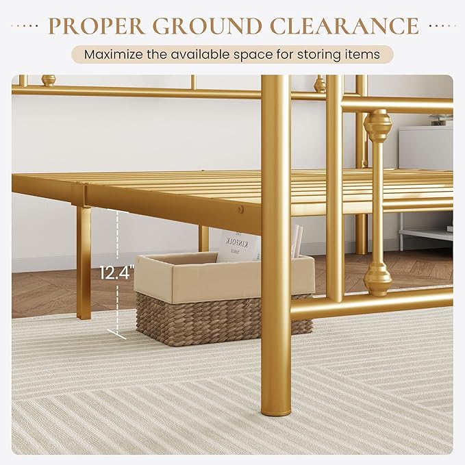 SHA CERLIN 14 Inches Queen Size Metal Platform Bed Frame/Vintage Iron-Art Headboard and Footboard/Mattress Foundation for Storage/No Box Spring Needed/Noise-Free/Easy Assembly/Gold
