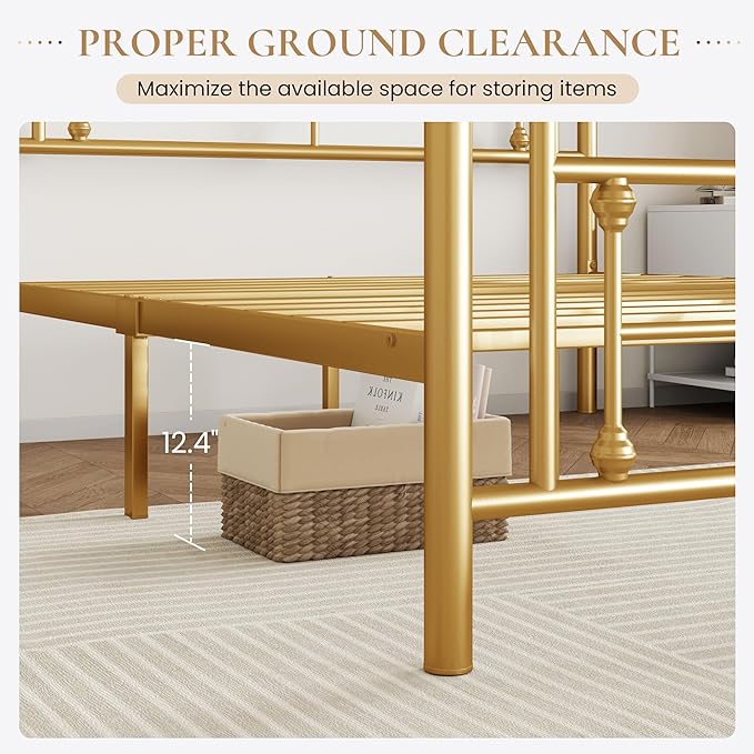 SHA CERLIN 14 Inches Twin Size Metal Platform Bed Frame/Vintage Iron-Art Headboard and Footboard/Mattress Foundation/No Box Spring Needed/Noise-Free/Easy Assembly/Gold