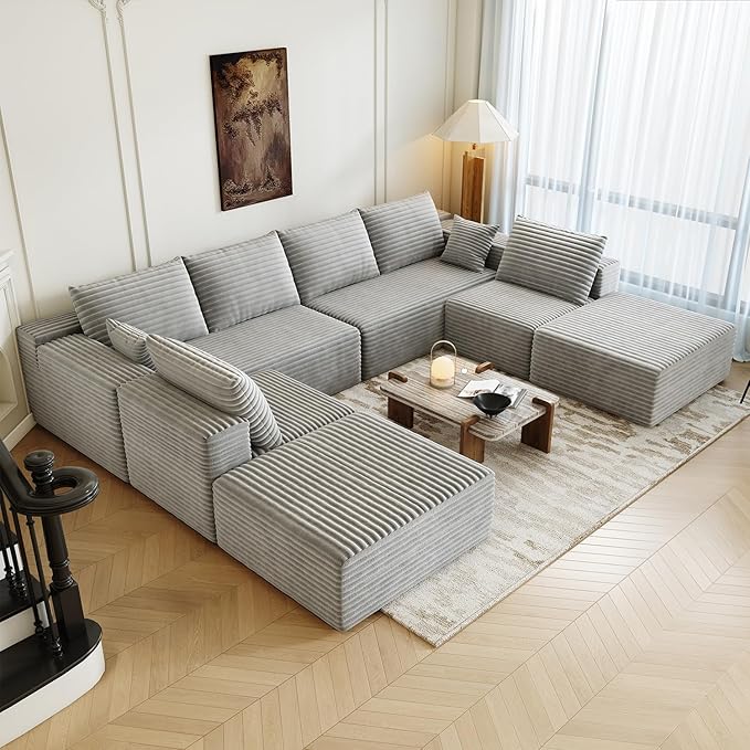 139.4" Modular Sectional Sofa Couch, Oversized U-Shaped Minimalist Couches with 2 Ottomans Chaise and 2 Middle Seats, Modern Deep Seat Cloud Plush Corduroy Sofas Set for Living Room, 8 Seater, Grey