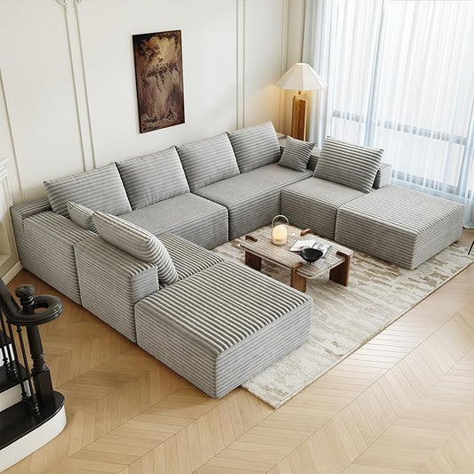 139.4" Modular Sectional Sofa Couch, Oversized U-Shaped Minimalist Couches with 2 Ottomans Chaise and 2 Middle Seats, Modern Deep Seat Cloud Plush Corduroy Sofas Set for Living Room, 8 Seater, Grey