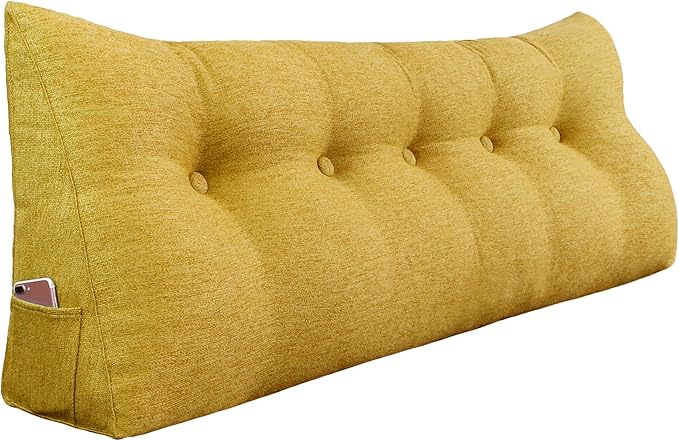 11 lbs Thickened Headboard Pillow Wedge Pillow Headboard Reading Pillow Bed for Comfortable Backrest Reading Triangular Pillow with Side Pocket for Sitting in Bed Cotton Linen Yellow Queen