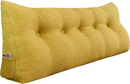 11 lbs Thickened Headboard Pillow Wedge Pillow Headboard Reading Pillow Bed for Comfortable Backrest Reading Triangular Pillow with Side Pocket for Sitting in Bed Cotton Linen Yellow Queen
