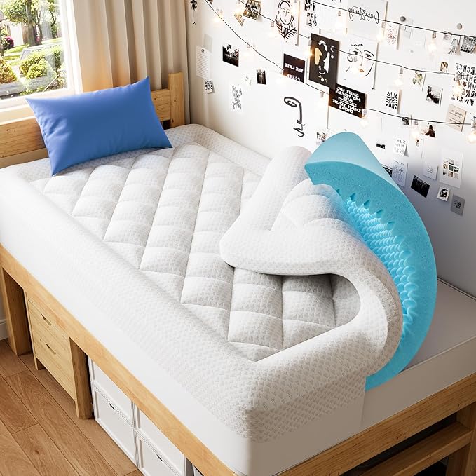 PERLECARE 4 Inch Dual Layer Twin Mattress Topper for Pressure Relief, 2.5 Inch Cooling Egg Crate Gel Memory Foam Plus 1.5 Inch Pillow Top Cover, Medium Firm with Deep Pocket