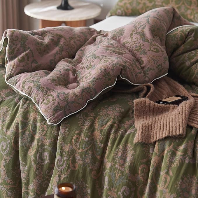 MKXI Floral Linen Comforter Set Full Army Green Vintage Paisley Comforter Bedding for Neutral Bedroom Rich Rust Jacquard Floral Bed Comforters for Men Women Cotton Yarn-Dyed Textured Soft Lightweight