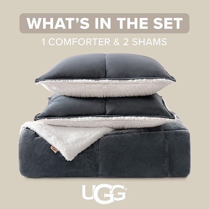 UGG Blissful Full/Queen Comforter Set with 2 Pillow Shams Reversible White Comforter Plush Fluffy Warm Bed Set Premium Down Alternative Bedding for College Dorm Essentials, Full/Queen, Blue Imperial