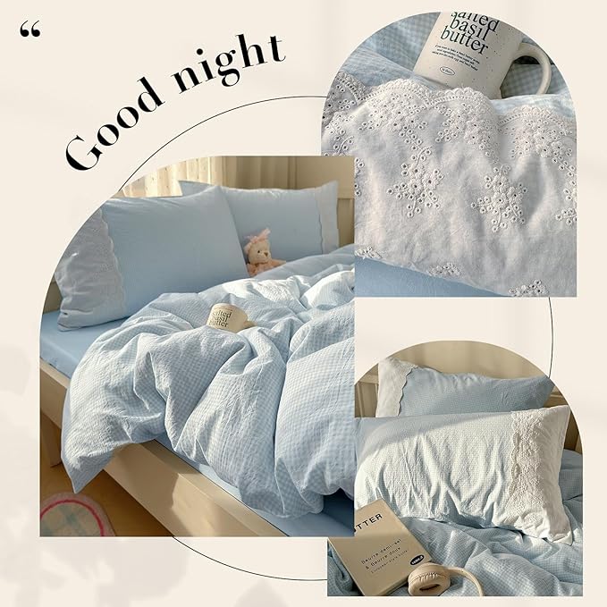 mixinni Blue Gingham Duvet Cover Full Size - 3 Piece Cottagecore Plaid Bedding Set with Lace Trim, Soft Washed Microfiber Vintage Aesthetic Grid Comforter Cover & Pillow Shams, (Blue White Gingham)