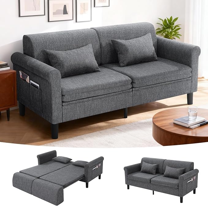 SEJOV 74" Convertible Sofa Bed, 5-in-1 Loveseat Sleeper Sofas with Pull Out Couch Bed, Storage Pockets & 2 Pillows, Modern Folding Linen Futon Couch for Living Room, Bedroom, Small Space, Dark Gray