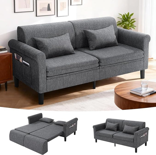 SEJOV 74" Convertible Sofa Bed, 5-in-1 Loveseat Sleeper Sofas with Pull Out Couch Bed, Storage Pockets & 2 Pillows, Modern Folding Linen Futon Couch for Living Room, Bedroom, Small Space, Dark Gray