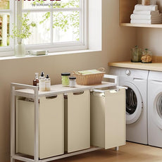 VASAGLE Laundry Hamper, Laundry Basket Sorter with 3 Pull-Out and Removable Bags, Shelf, Metal Frame, 3 x 10.6 Gallons (40 L), 36.4 x 13 x 28.4 Inches, Cappuccino Beige and Natural Beige UBLH301LH01