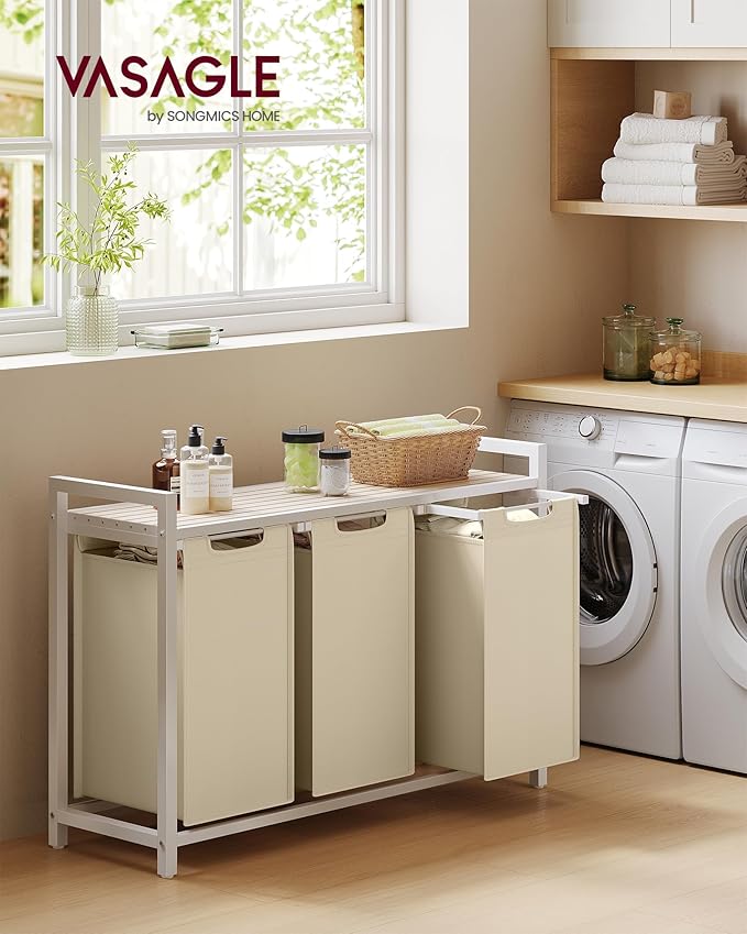 VASAGLE Laundry Hamper, Laundry Basket Sorter with 3 Pull-Out and Removable Bags, Shelf, Metal Frame, 3 x 10.6 Gallons (40 L), 36.4 x 13 x 28.4 Inches, Cappuccino Beige and Natural Beige UBLH301LH01