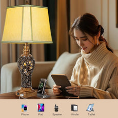 32'' Tall Rustic Vintage Table Lamps Set of 2 with Night Lights - Bedside Lamp with Faux Silk Shades for Bedroom and Living Room with 2 USB Charging Ports,Rustic Lamps for Living Room(Bulb Included)