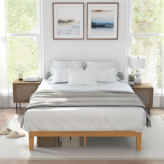Sweetcrispy Solid Wood Bed Frame, Queen Size Bed Base with Wood Slat Support, Sturdy, Stylish & Noise-Free Design, No Box Spring Needed, Easy Assembly, 12 in Natural Pine