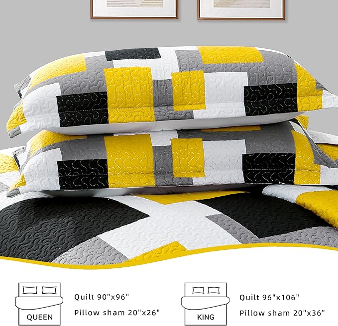 3 Piece Yellow Grey Quilt Set Full/Queen Size Yellow Gray White Geometric Reversible Bedding Set Microfiber Lightweight Bedspread Coverlet with 2 Shams Modern Bed Cover for All Season, 90''x96''