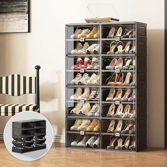 Black Shoe Rack Organizer Cabinet for Closet Entryway,Clear Shoe Storage Boxes Stackable Sneaker Storage with Door Easy Assembly Shoe Cabinet with Lids Large 8 Tiers 32 Pairs