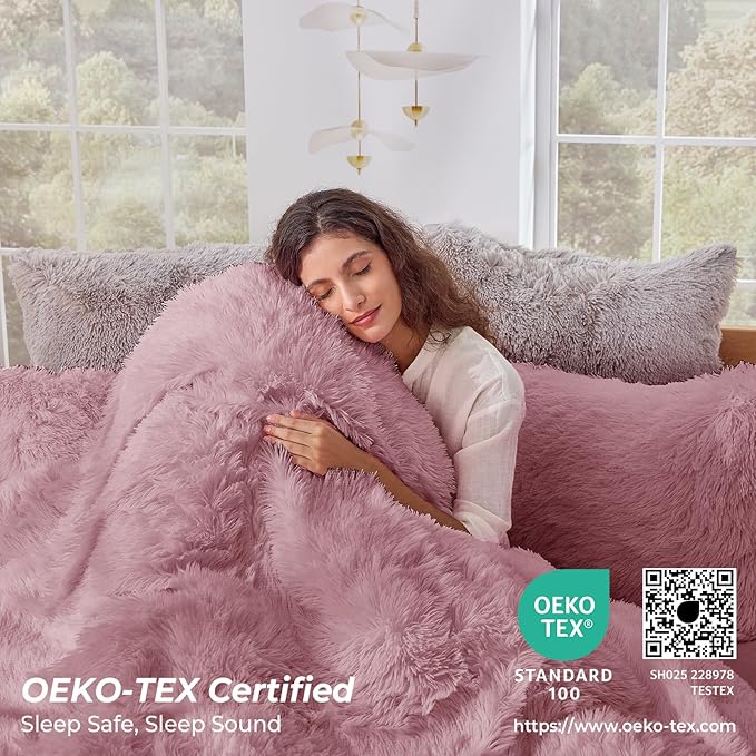 Sasttie 3-Piece Fluffy Duvet Cover Queen, Ultra Soft Faux Fur and Velvet Dusty Rose Comforter Cover, Luxury Fuzzy Bedding Sets for Winter Bed, Includes 1 Duvet Cover and 2 Pillowcases, No Comforter
