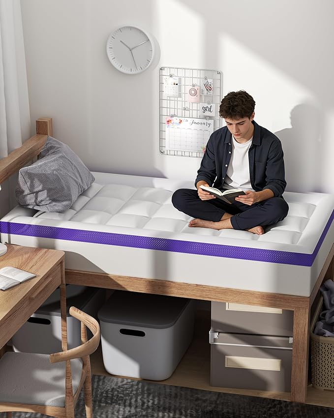 Dual Layer Memory Foam Twin XL Mattress Topper - 2 Inch Gel Egg Crate Foam and 2 Inch Cooling Pillow Top Cover Rayon, Twin Extra Long College Dorm Support