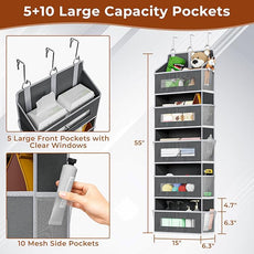 3 Packs 5-Tier Over the Door Storage Organizer with 10 Side Mesh Pockets, 48 lbs Load Capacity, 3 Hooks Design, Hanging Organizer with Clear Windows for Bathroom, Bedroom, Nursery, Kitchen-Grey