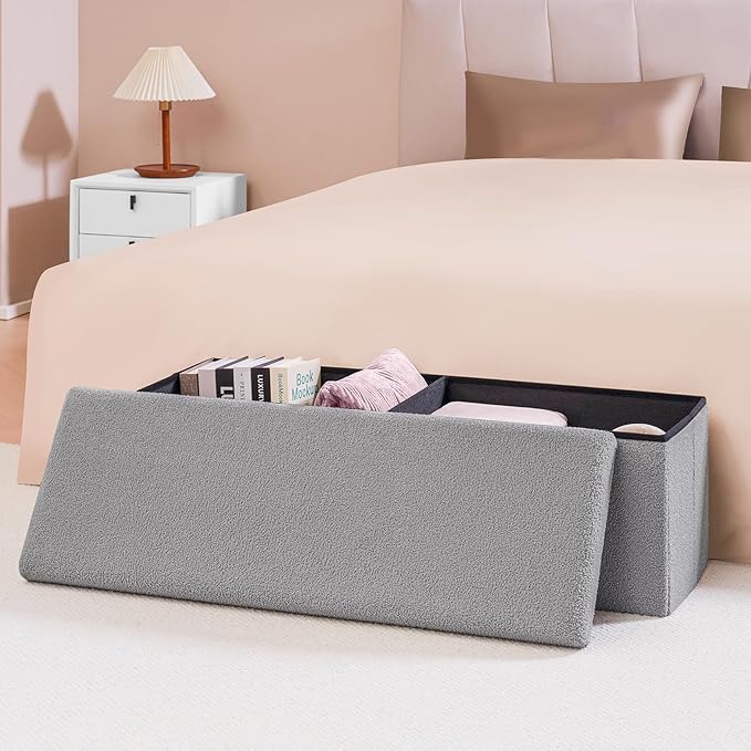 PINPLUS Storage Ottoman Bench Sherpa Foot Rest, Foldable Boucle Ottomans, Large Faux Teddy Fur Ottoman Storage Box Entryway Bench for Dorm, Grey 43.3'' x 15'' x 15''