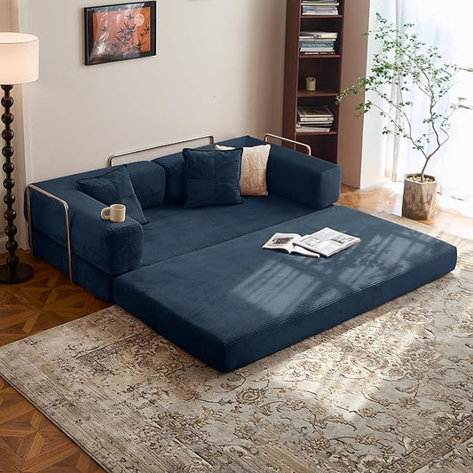 78.8" Convertible Sofa Bed -Compression Sofa with Corduroy Fabric - with Armrests and Backrest - Modular Sectional for Living Room, Bedroom, Studio - Compression Sofa in Box (Dark Blue)