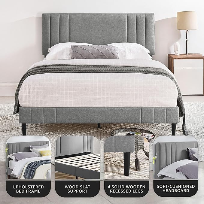 Decoro Chicago Modern Tufted Upholstered Platform Queen Size Bed Frame, Grey
