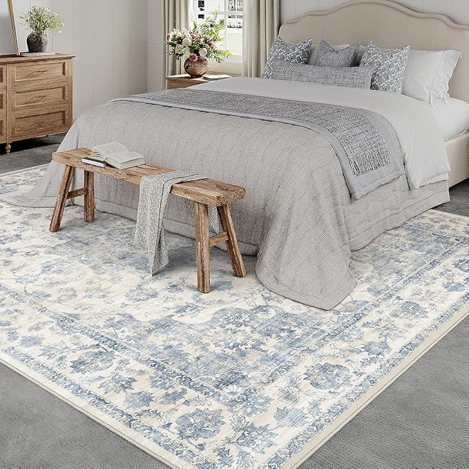 10x12 Neutral Area Rug Blue Vintage Living Room Bedroom Washable Carpet Non-Slip Soft Low Pile Floral Indoor Large Throw Rug for Dining Room Office