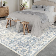 10x14 Neutral Area Rug Blue Vintage Living Room Bedroom Washable Carpet Non-Slip Soft Low Pile Floral Indoor Large Throw Rug for Dining Room Office