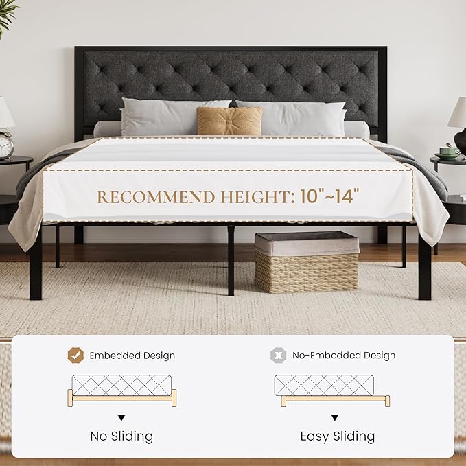 SHA CERLIN King Size Metal Platform Bed Frame,Linen Upholstered Button Tufted Headboard, Mattress Foundation with 12.4” Under-Bed Storage, Noise-Free, Easy Assembly, No Box Spring Needed, Dark Grey