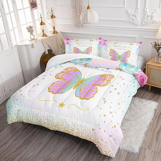 CVHOUSE Butterfly Bedding Set - Twin Butterfly Comforter Set with 1 Comforter and 2 Pillow Cases - 3 Piece