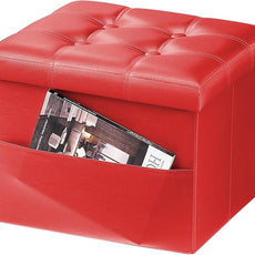 AmasSmile Red Storage Ottoman Folding Foot Rest Stool with Side Pocket, 16 inch Leather Footstool Bench, Short Ottoman Bench, Storage Foot Rest Store, Books