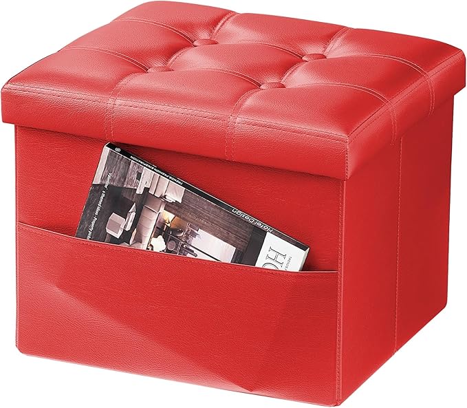 AmasSmile Red Storage Ottoman Folding Foot Rest Stool with Side Pocket, 16 inch Leather Footstool Bench, Short Ottoman Bench, Storage Foot Rest Store, Books