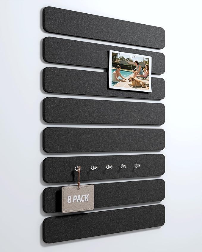 Cork Board Alternative Felt Strip Board 8-Pack 13"x2", Office Pin Board with 50 Push Pins, Adhesive Install for Bedroom Door & Home Office(Black)