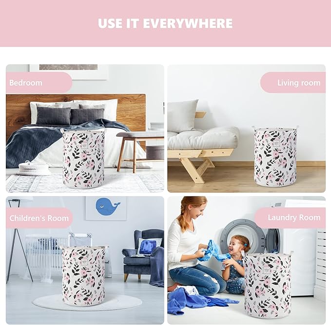 Large Foldable Laundry Basket Hamper Holder Portable Tall Collapsible Laundry Hamper Nusery Storage Basket Bin with Handles, Canvas & Waterproof lining for Household Items (Floral Pink)