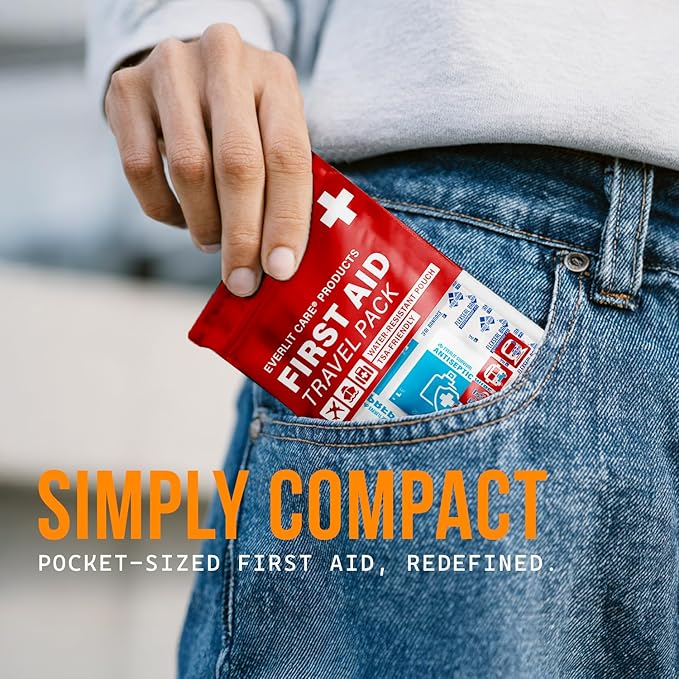 Travel Bandage Pack | 12 Individual Packets, Bulk Portable Mini First Aid Kit with 20 On-The-Go Essentials | Compact Water-Resistant Reusable Pouch to Clean, Cover & Protect