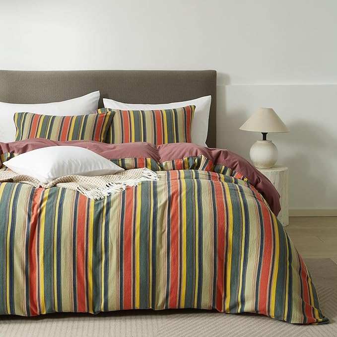 VM VOUGEMARKET Red Green Stripes Duvet Cover Twin XL Boho Farmhouse Style Washed Cotton Multi-Color Striped Bedding Set for Teens 1 Duvet Cover with 2 Pillowcases