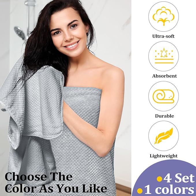 Preboun 12 Pcs Bath Towels and Washcloths 4 Sets Microfiber Bathroom Beach Pool Towel Set Quick Dry Coral Velvet Highly Absorbent for Fitness Sports Shower Travel Spa Hotel(Light Gray)