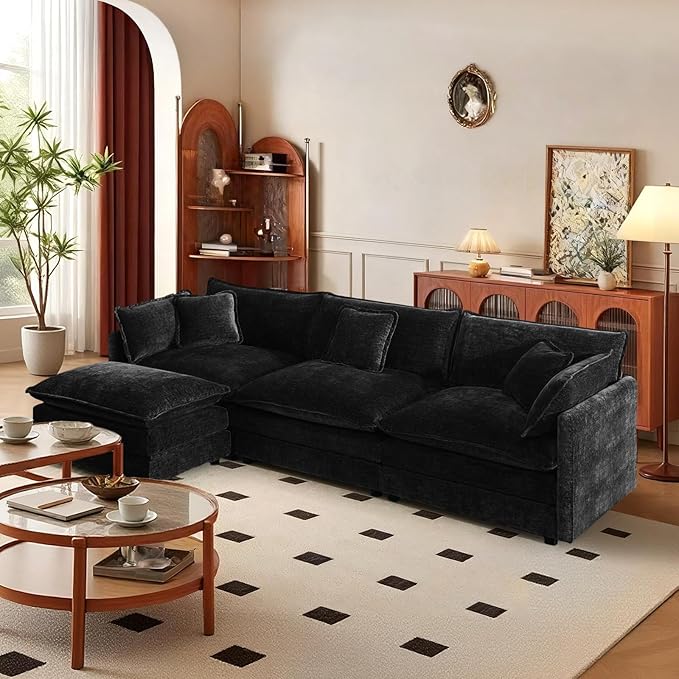 SoarFlash Chenille Sectional Sofa, Comfy L Shaped Modular Coush Sofa with Ottoman, Modern 3 Seat Couch Deep Seat Sofa Set for Living Room,Black