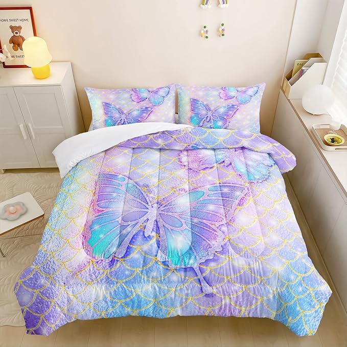 CVHOUSE Butterfly Comforter Set Queen Size,Rainbow Mermaid Butterfliy Bedding Set for Kids Girls,Rainbow Mermaid Butterflies Quilt Set Butterfly Duvet Set Girl's Bedroom Decor 3 Pieces, Eebttaf075