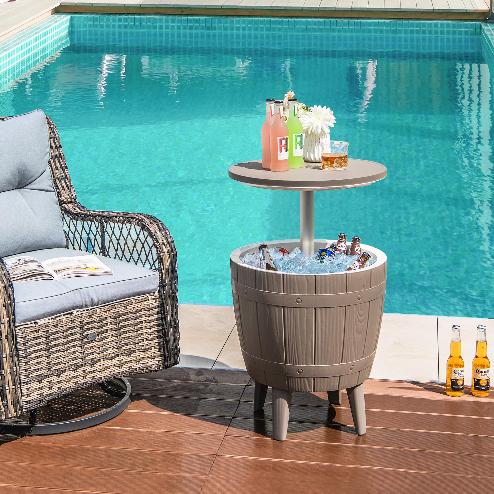 Giantex Cooler Side Table Outdoor, 10 Gallon Ice Cooler with Drainage Plug, Adjustable Height, 3-in-1 Cocktail Patio Par Table for Beer Wine Storage, Deck Pool Backyard Party, Taupe (Wood-Style)