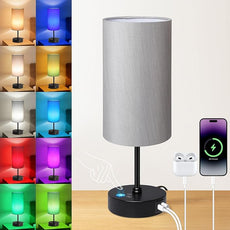 Unicozin Table Lamp for Bedroom, 3 Color Temperatures, 7 RGB Colors, Adjustable Brightness, Dual USB Charging Ports, Ambience Nightstand Light with Grey Shade, Desk Lamp for Kids Reading Home Office