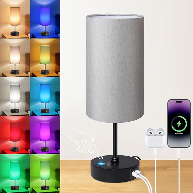 Unicozin Table Lamp for Bedroom, 3 Color Temperatures, 7 RGB Colors, Adjustable Brightness, Dual USB Charging Ports, Ambience Nightstand Light with Grey Shade, Desk Lamp for Kids Reading Home Office