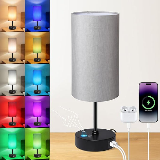 Unicozin Table Lamp for Bedroom, 3 Color Temperatures, 7 RGB Colors, Adjustable Brightness, Dual USB Charging Ports, Ambience Nightstand Light with Grey Shade, Desk Lamp for Kids Reading Home Office